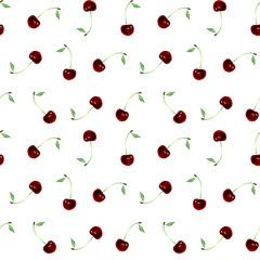 Seamless watercolor pattern with red cherries with green leaves isolated on white background. Decorative endless pattern for food wrapping paper and decoration