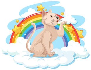 Cute cat on the cloud with rainbow