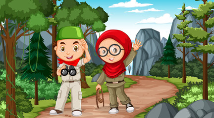 Nature scene with muslim kids exploring in the forest