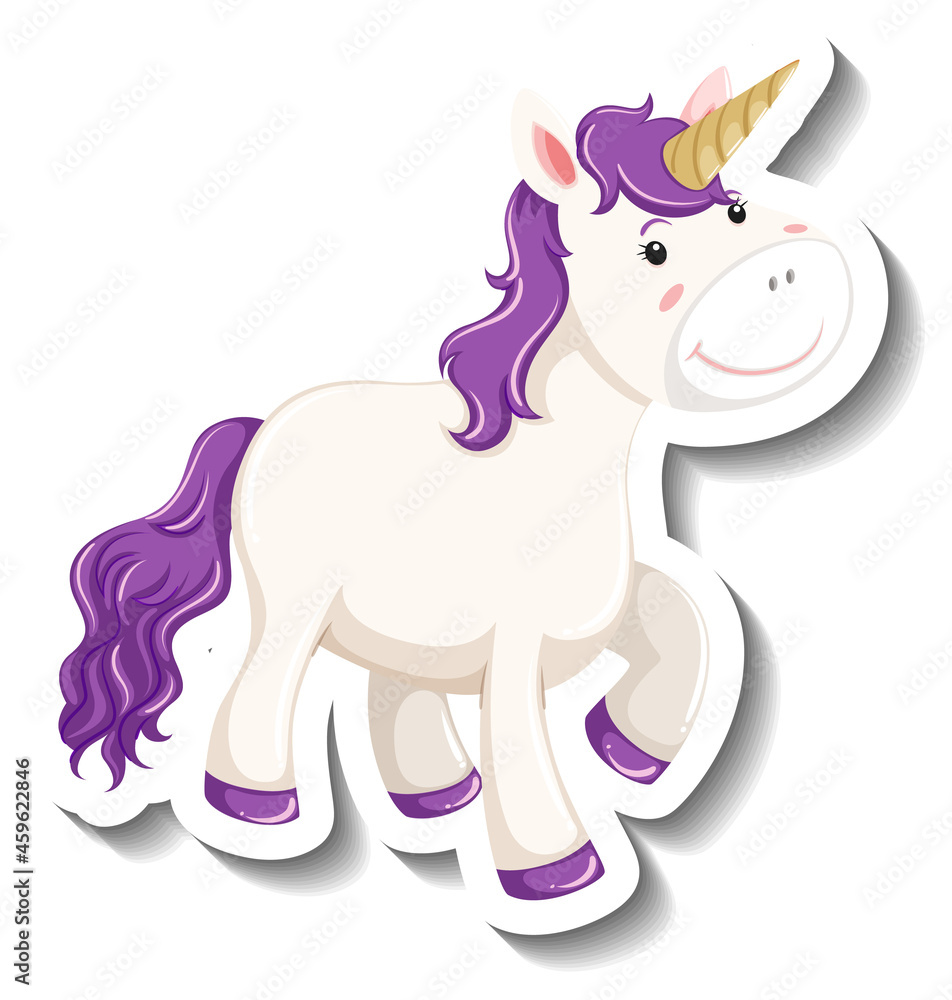 Sticker cute unicorn standing pose on white background