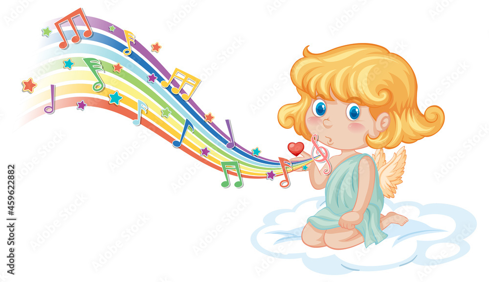 Sticker Cupid girl on the cloud with melody symbols on rainbow