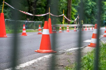 Traffic cones on a street as a warning sign