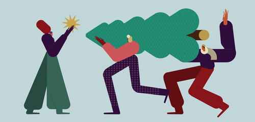 Happy friends carrying Christmas tree . Merry people with fir tree outdoors . Traditional Xmas shopping . Festive market  Winter season holiday preparation concept .