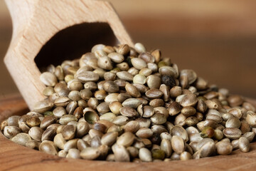 Closeup of hemp seed in a bowl with a scoop.Dried hemp seed in a wooden bowl on wooden background.