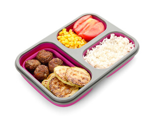 Container with healthy food in compartments on white background