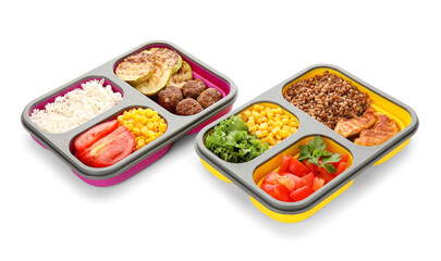 Containers with healthy food in compartments on white background