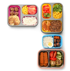 Containers with various natural and healthy food on white background