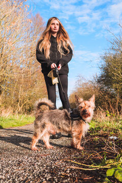 Small cute Yorkshire terrier in focus, slim teenager girl with long hair holding her pet on a leash. Vertical image. Warm sunny day. Outdoor walk in a park.