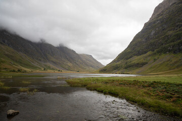 The dramatic landscape of the Scottish highlands, UK with low cloud