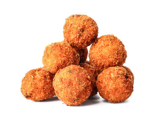 Tasty cod cutlets on white background