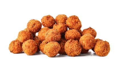 Tasty cod cutlets on white background