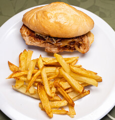Plate with a pork and onion sandwich with fries