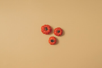 Autumn sunlit yellow background with three pumpkins. Flat lay harvest or halloween concept. Creative layout of colorful vegetables. Copy space.