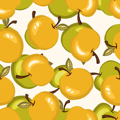 Seamless pattern with apple on white background. Natural delicious fresh ripe tasty fruit. Vector illustration for print, fabric, textile, banner, design. Stylized apples with leaves. Food concept