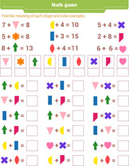  Math game for children. Find the meaning of each shape, and solve examples