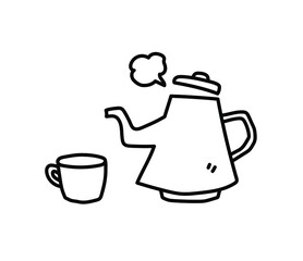 Kettle doodle with smoke comes out of it, a hand drawn doodle of a tea or coffee kettle and a drinking mug, isolated on a white background.