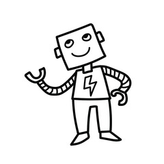 Friendly smiling robot, hand drawn doodle of a helpful robot, isolated on a white background.