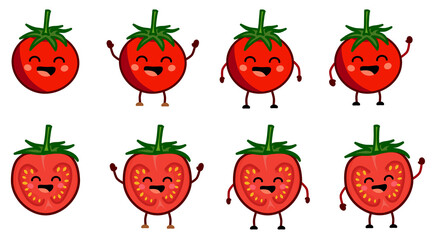 Cute kawaii style tomato icon, smiling with closed eyes. Version with hands raised, down and waving.