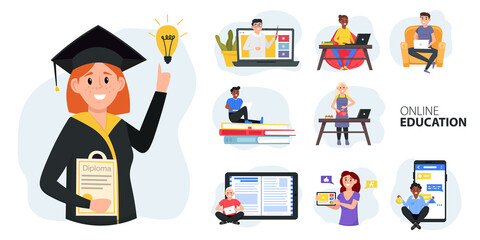 Online education, home schooling. E-learning set. Training and courses, learning, video tutorials,  professional personal teacher. Vector illustration.