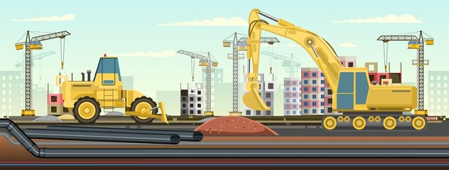 Industrial pipeline laying. Construction of new quarters. Excavation and laying of underground pipes with water, gas or sewerage. Background Illustration vector
