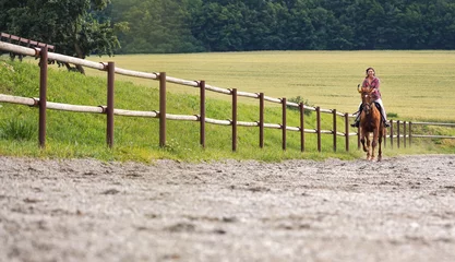 Foto op Plexiglas Young woman wearing shirt riding brown horse in sand paddock by wooden fence, hair moving in air because of speed © Lubo Ivanko