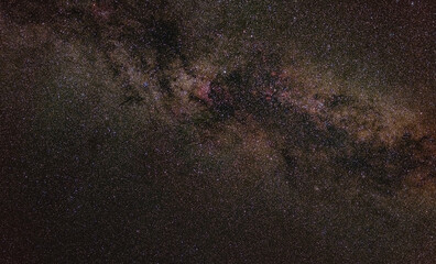 Night sky, many stars with milky way around Cygnus constellation, North America nebula visible. Long exposure stacked photo