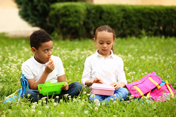 Cute little pupils having school lunch outdoors