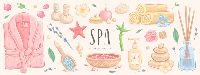 Hand drawn spa treatment set. Vector illustration