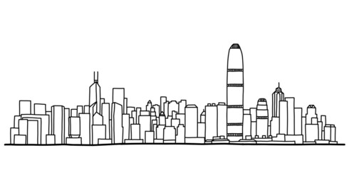 Hong Kong cityscape skyline outline doodle drawing on white background.