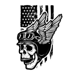 Skull in winged motorcycle helmet on american flag background. Design element for logo, emblem, sign, poster, t shirt. Vector illustration