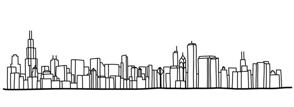 Chicago cityscape skyline outline doodle drawing on white background.