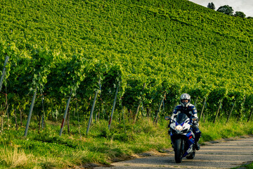 Motorradfahrer Biker in den Weinbergen von Stuttgart