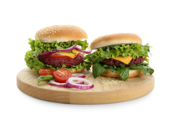 Wooden board with tasty vegetarian burger on white background