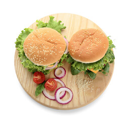 Wooden board with tasty vegetarian burger on white background - obrazy, fototapety, plakaty