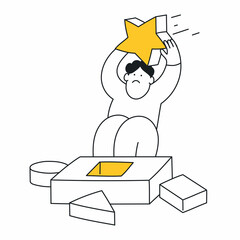 IQ testing, wrong business decisions, and business management failure concept. Cute cartoon businessman trying to put star shape into the square hole peg. Thin line vector illustration