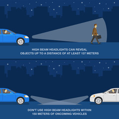 Driving at night. Using low and high beam headlights tips. When to use vehicle deadlights. Flat vector illustration template.  © flatvectors