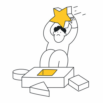 IQ Testing, Wrong Business Decisions, And Business Management Failure Concept. Cute Cartoon Businessman Trying To Put Star Shape Into The Square Hole Peg. Thin Line Vector Illustration