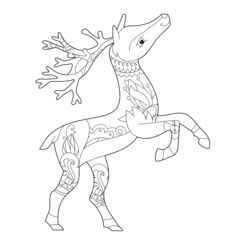 Fototapeta na wymiar Fancy reindeer on white background. Contour illustration for coloring book with fantasy deer. Anti stress picture. Line art design for adult or kids in zentangle style, tattoo and coloring page.