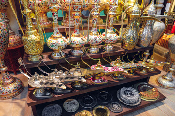 Traditional oriental lamps in souvenir shop in Dubai