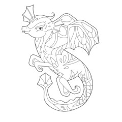 Fancy dragon on white background. Contour illustration for coloring book with fantasy reptile. Anti stress picture. Line art design for adult or kids in zentangle style, tattoo and coloring page.
