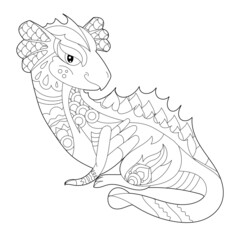 Fancy dragon on white background. Contour illustration for coloring book with fantasy reptile. Anti stress picture. Line art design for adult or kids in zentangle style, tattoo and coloring page.