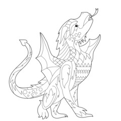 Fancy dragon on white background. Contour illustration for coloring book with fantasy reptile. Anti stress picture. Line art design for adult or kids in zentangle style, tattoo and coloring page.