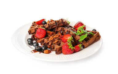 Plate of delicious Chocolate Belgian Waffles with berries on white background