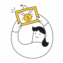 A cute cartoon woman hanging a frame with an award on the wall. University diploma, certificate, first place award. Thin line yellow vector illustration on white.