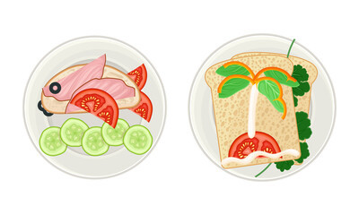 Creative sandwiches served on plates set. Serving Ideas for healthy breakfast for kids cartoon vector illustration