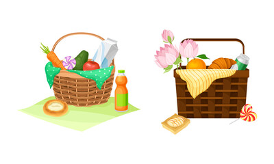 Fototapeta na wymiar Picnic baskets full of food and drinks set. Wicker hampers with vegetable, fruit, croissant, juice and soda drinks cartoon vector illustration