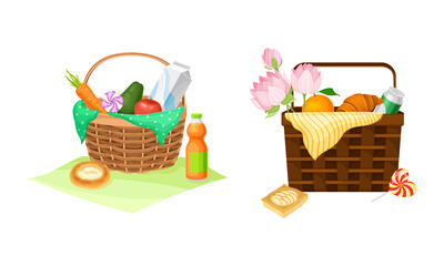 Picnic baskets full of food and drinks set. Wicker hampers with vegetable, fruit, croissant, juice and soda drinks cartoon vector illustration