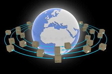 Spedizione intorno al mondo. Pacchi ruotano attorno al globo per essere consegnati..