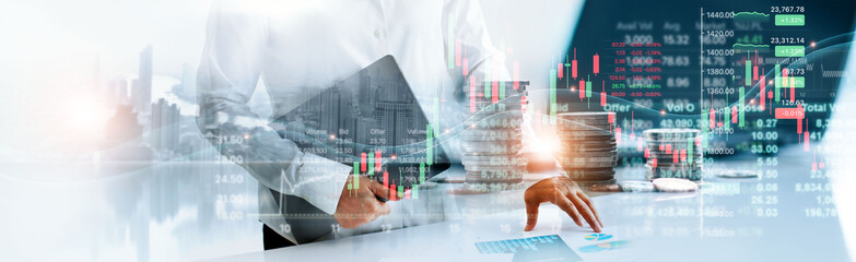 Double exposure, Graph growth of financial and economic, Business woman touching chart of business and financial stock market trading and stock exchange on global network.