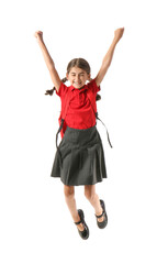 Jumping schoolgirl on white background